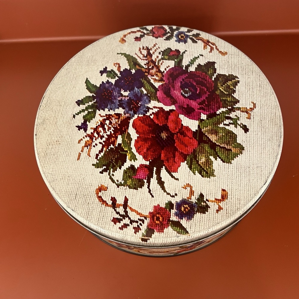 Vintage Needlepoint Cross Stitch White & Floral Round Fruit Cake/Cookie Tin 10"